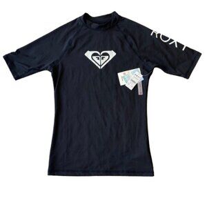ROXY Whole Hearted Short Sleeve Rash Guard Swim Shirt Women’s Small S Black NWT